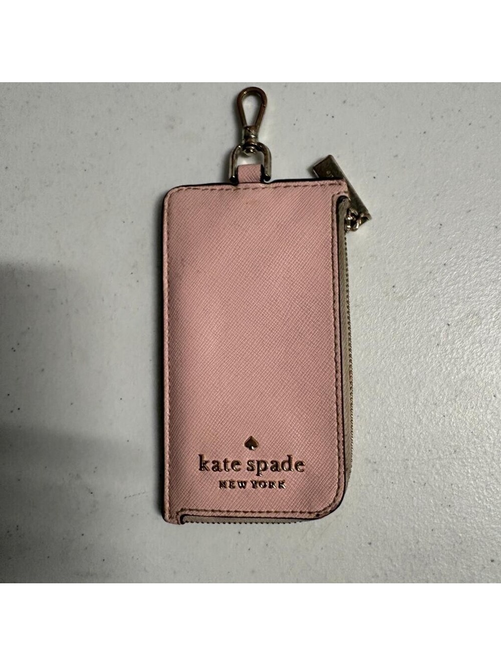 Kate Spade New York Pink Saffiano Leather ID Lanyard Card Holder Zip Wallet